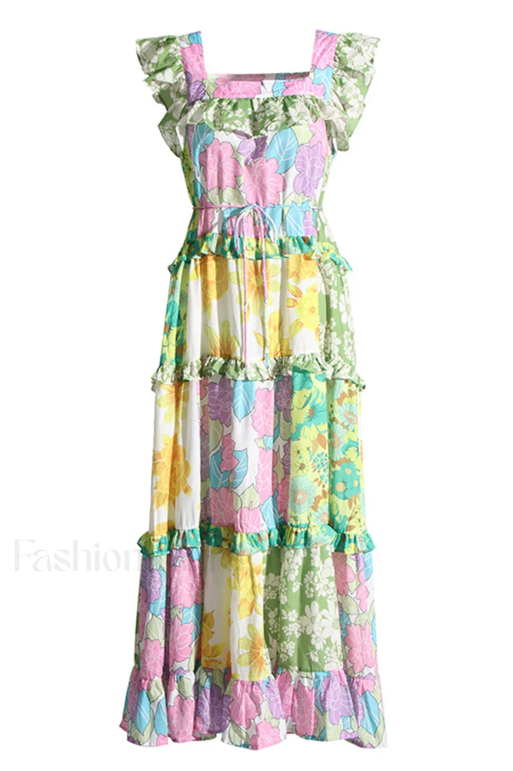 Tiered Patchwork Stylish Midi Dress S / Multi