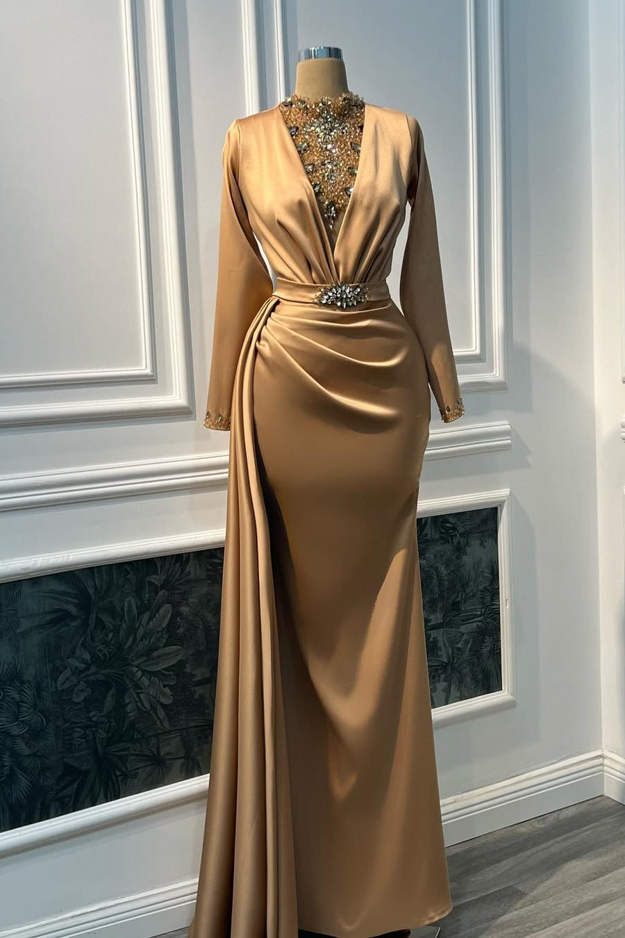 Timeless Gold High Collar Long Sleeves Satin Prom Dresses Mermaid Gem With Beads Ruffles