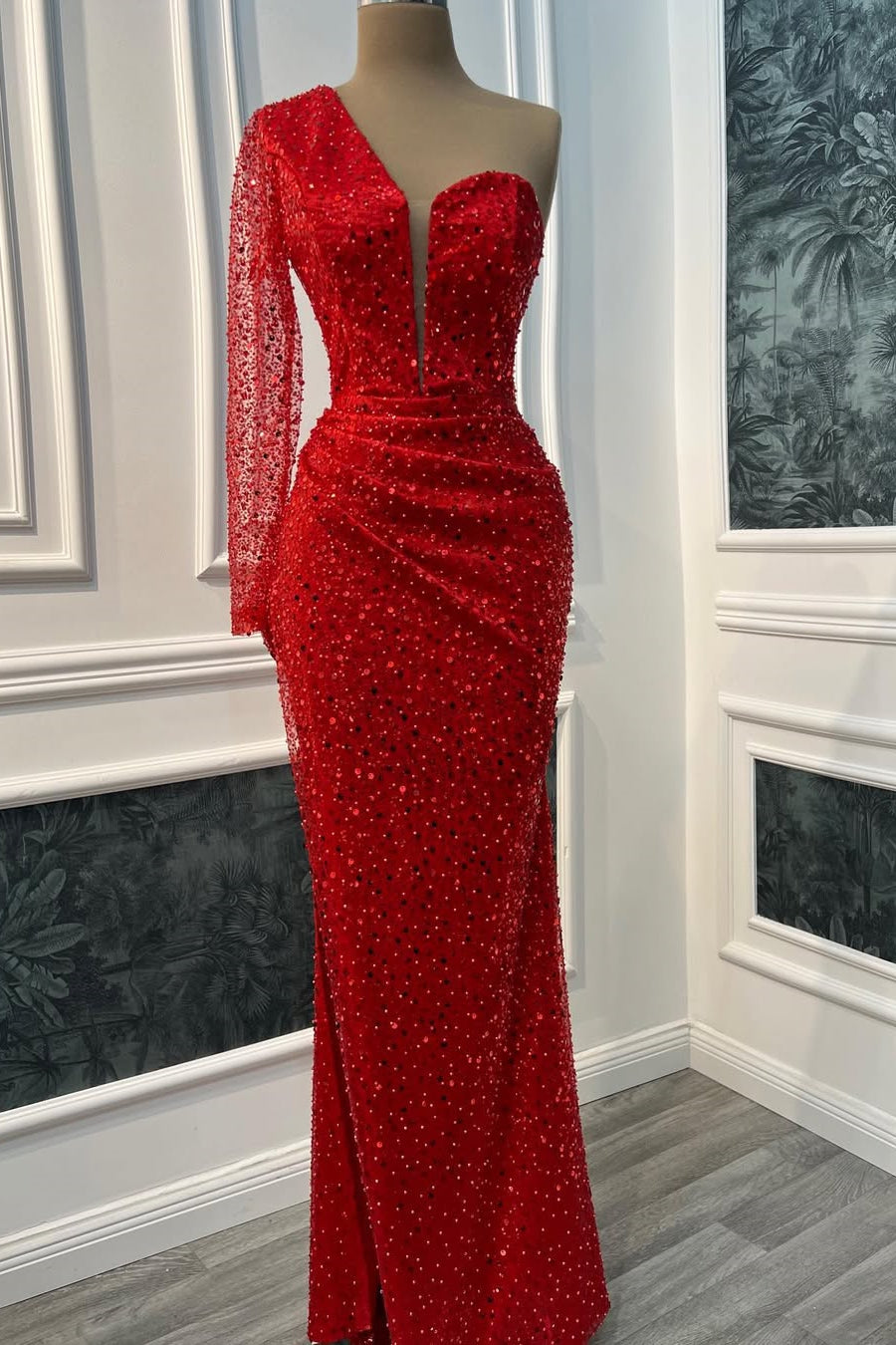 Timeless Red One-Shoulder Long Sleeves Sequins Prom Dresses Mermaid Online