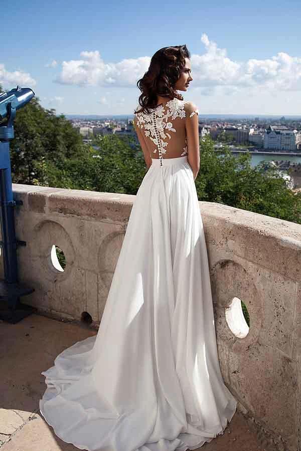 Top lace Appliques Side Slit Chiffon Party Evening Prom Dresses (ZD16346)