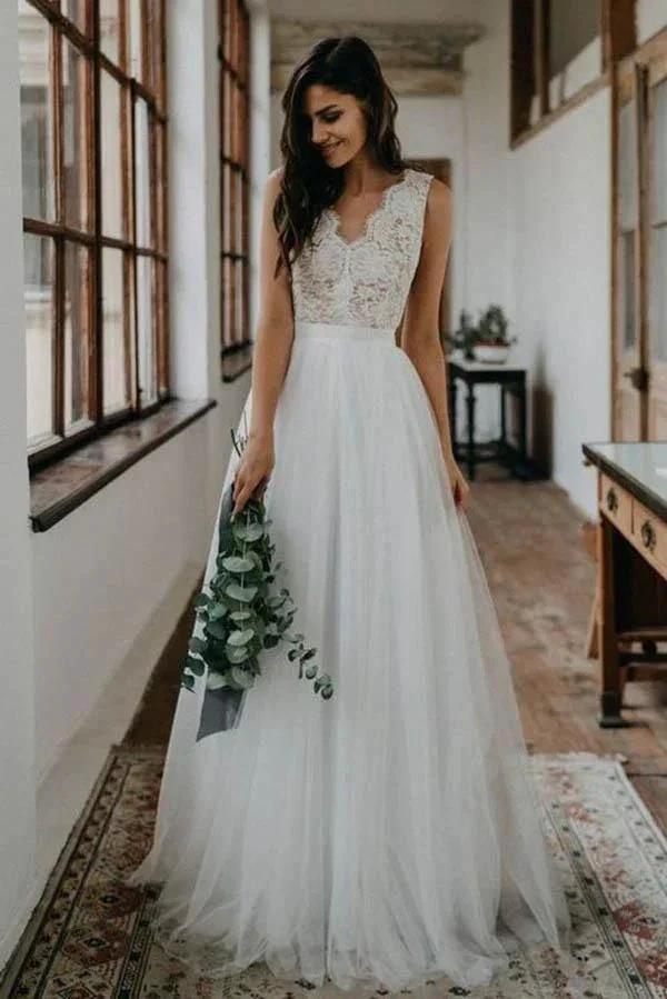 Top Lace Simple Tulle Beach Wedding Dress Bridal Gown With V Back (ZD16322)