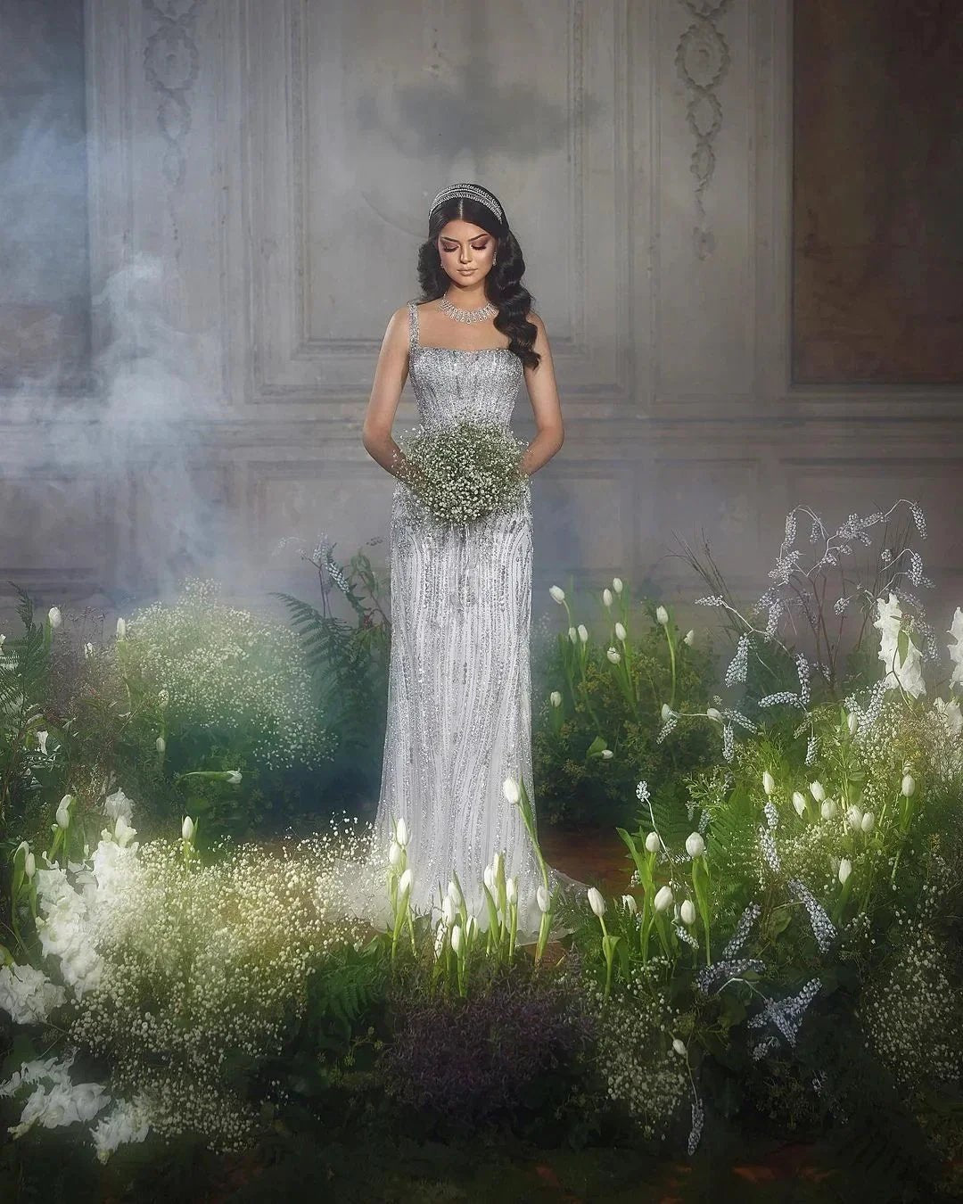 Trendy Floor Length Square Spaghetti Straps Sleeveless Mermaid Lace Wedding Dress (ZD15770)