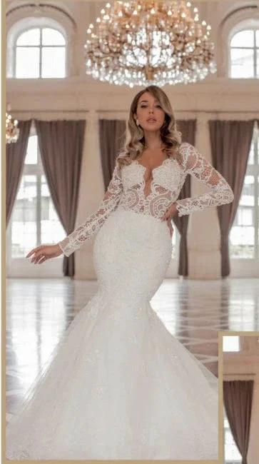 Trendy Long Sleeves V-Neck Mermaid Wedding Dress with Chapel Train (ZD16503)