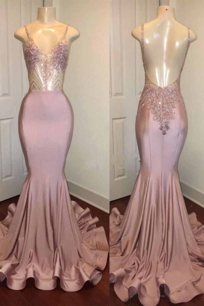 Trendy Pink Beads Spaghetti Strap Prom Party Gowns| Mermaid Prom Party Gowns