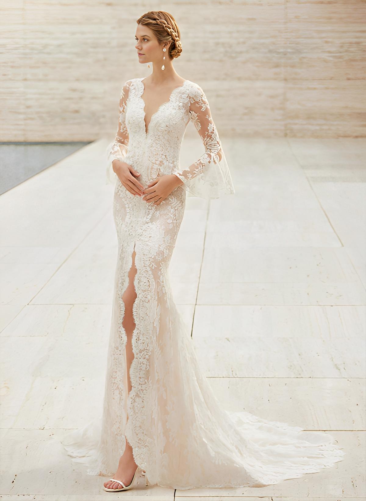 Trumpet Mermaid Fitted V-Neck Long Sleeves Lace Court Train Wedding Dresses Split Front Lace