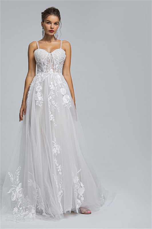 Tulle A-Line Sheer Straps Sweetheart Applique Floor-Length Sleeveless Wedding Dress Cover