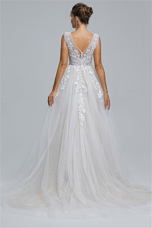 Tulle A-Line Sheer Straps V-Neck Applique Floor-Length Sleeveless Wedding Dress Cover