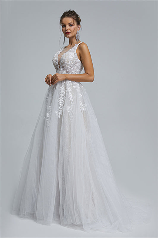 Tulle A-Line Sheer Straps V-Neck Applique Floor-Length Sleeveless Wedding Dress Cover