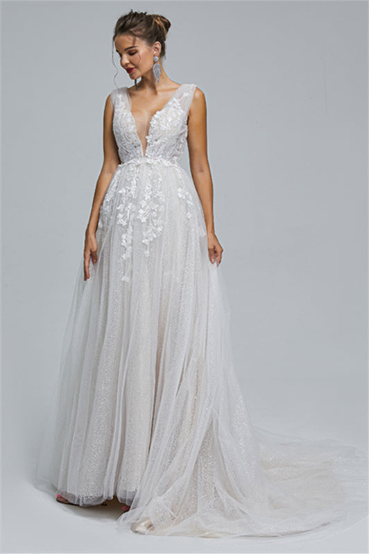 Tulle A-Line Sheer Straps V-Neck Applique Floor-Length Sleeveless Wedding Dress Cover