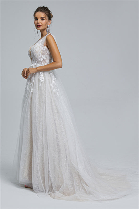 Tulle A-Line Sheer Straps V-Neck Applique Floor-Length Sleeveless Wedding Dress Cover