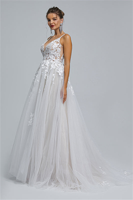 Tulle A-Line Sheer Straps V-Neck Applique Floor-Length Sleeveless Wedding Dress Cover