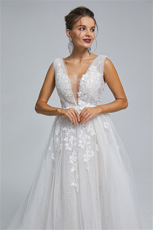 Tulle A-Line Sheer Straps V-Neck Applique Floor-Length Sleeveless Wedding Dress Cover