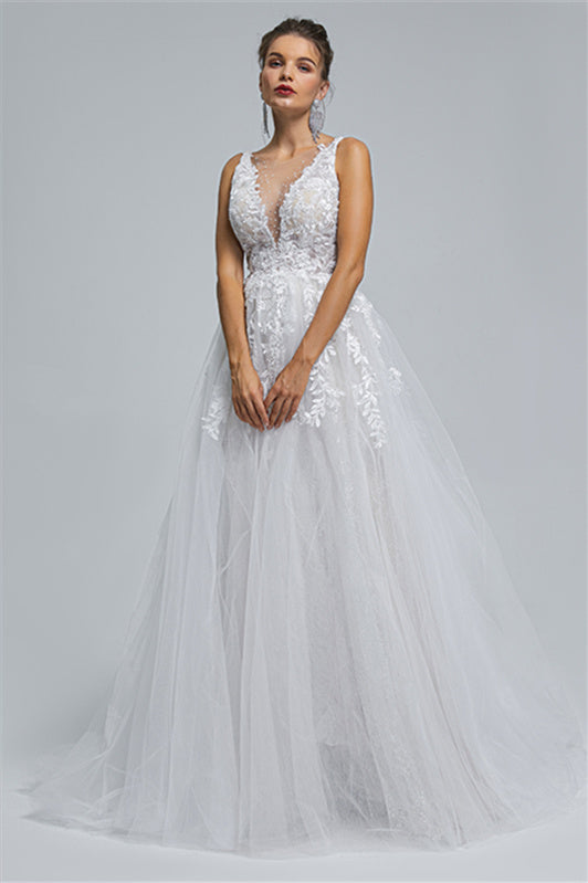 Tulle A-Line Sheer Straps V-Neck Applique Floor-Length Sleeveless Wedding Dress Cover
