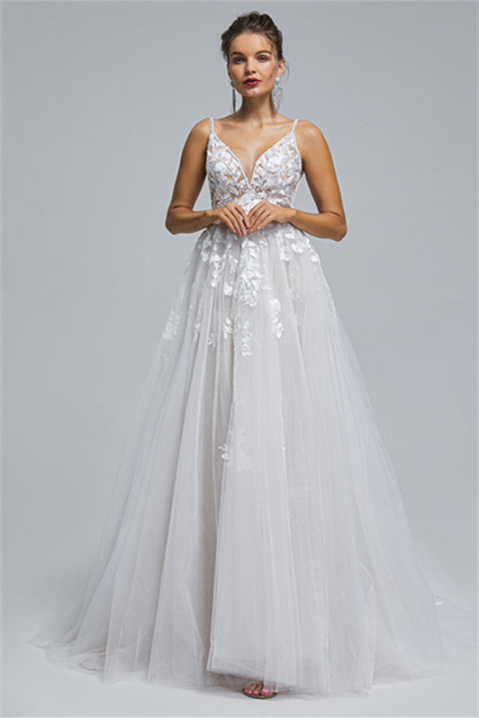 Tulle A-Line Sheer Straps V-Neck Applique Floor-Length Sleeveless Wedding Dress Cover
