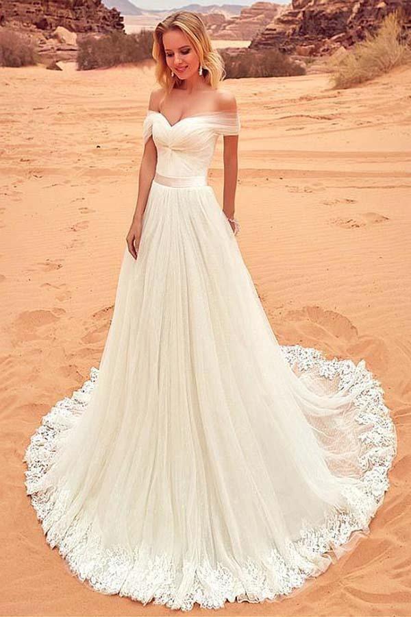 Tulle Off-the-shoulder Neckline  Wedding Dress With Lace Appliques (ZD16328)