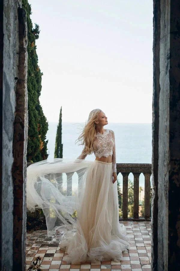 Two Piece A-line Long Lace Tulle Wedding Dress with Sleeves (ZD14366)