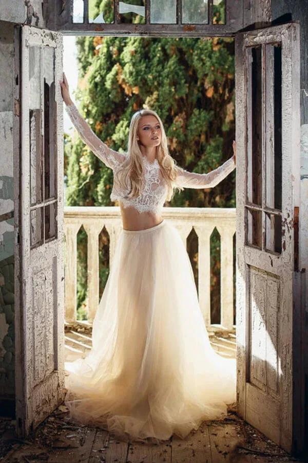 Two Piece A-line Long Lace Tulle Wedding Dress with Sleeves (ZD14366)