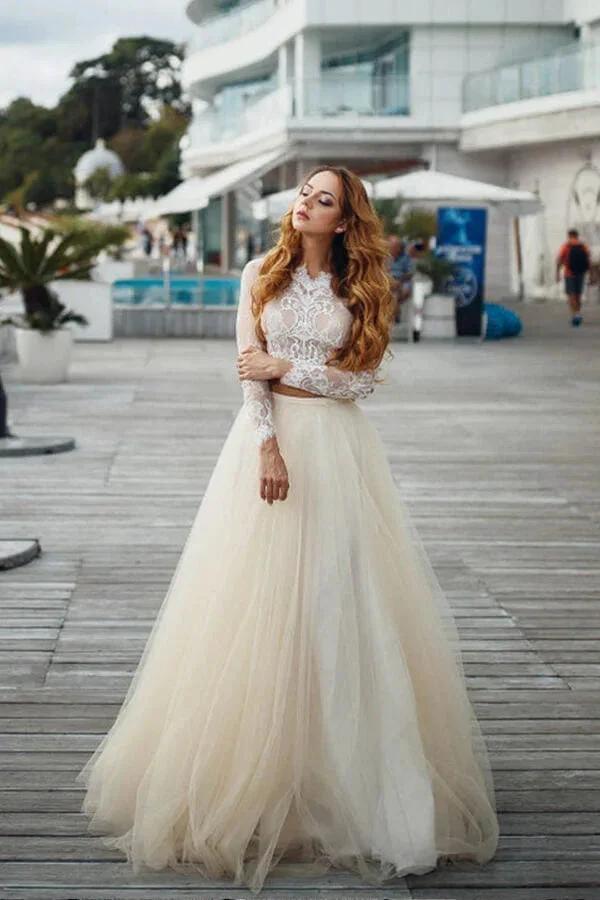 Two Piece A-line Long Lace Tulle Wedding Dress with Sleeves (ZD14366)