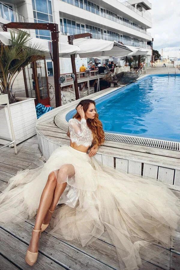 Two Piece A-line Long Lace Tulle Wedding Dress with Sleeves (ZD14366)