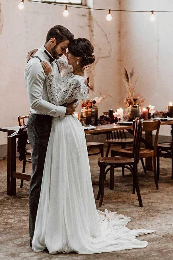 Two Piece Bateau Long Sleeves Chiffon Wedding Dress with Lace (ZD16021)