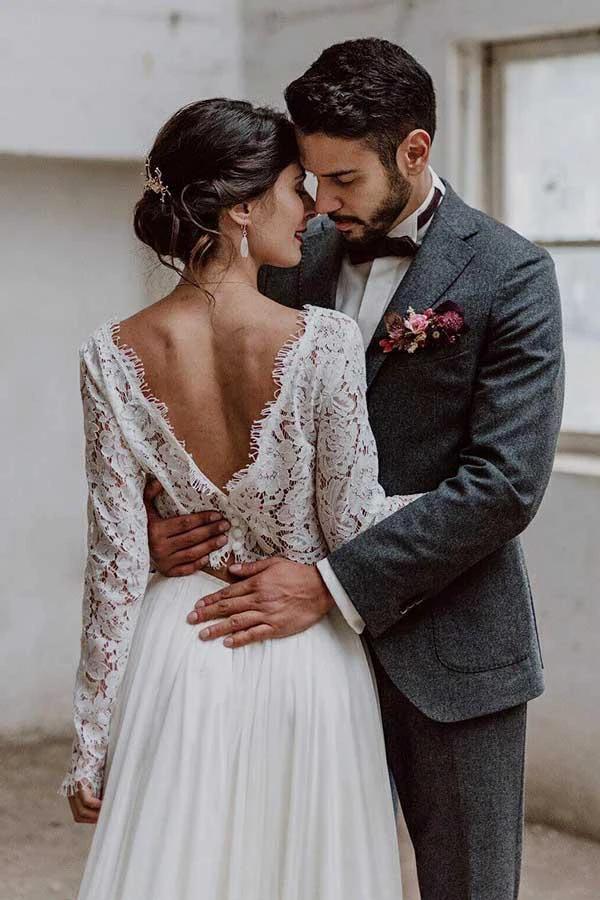 Two Piece Bateau Long Sleeves Chiffon Wedding Dress with Lace (ZD16021)