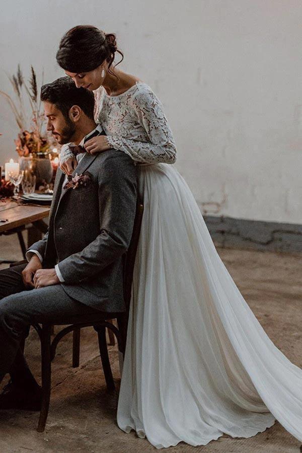 Two Piece Bateau Long Sleeves Chiffon Wedding Dress with Lace (ZD16021)