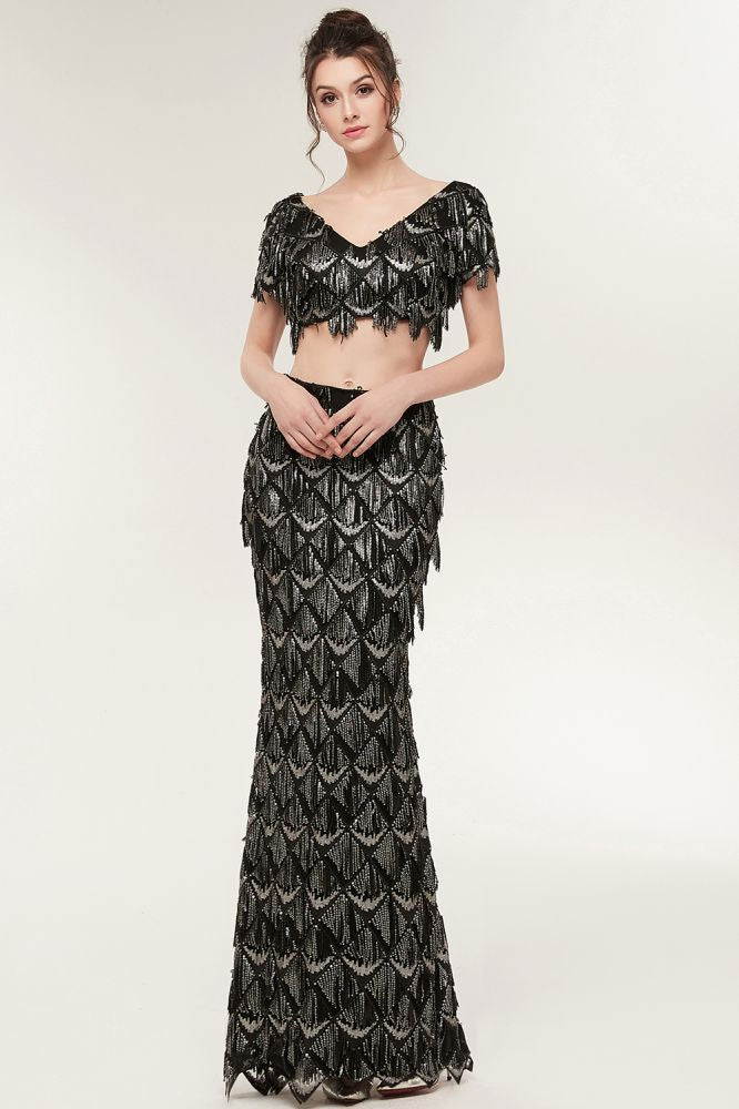 Two-piece Mermaid V-neck Short Sleeves Long Sequined Black Prom Dresses - View 2 | VelvetHem