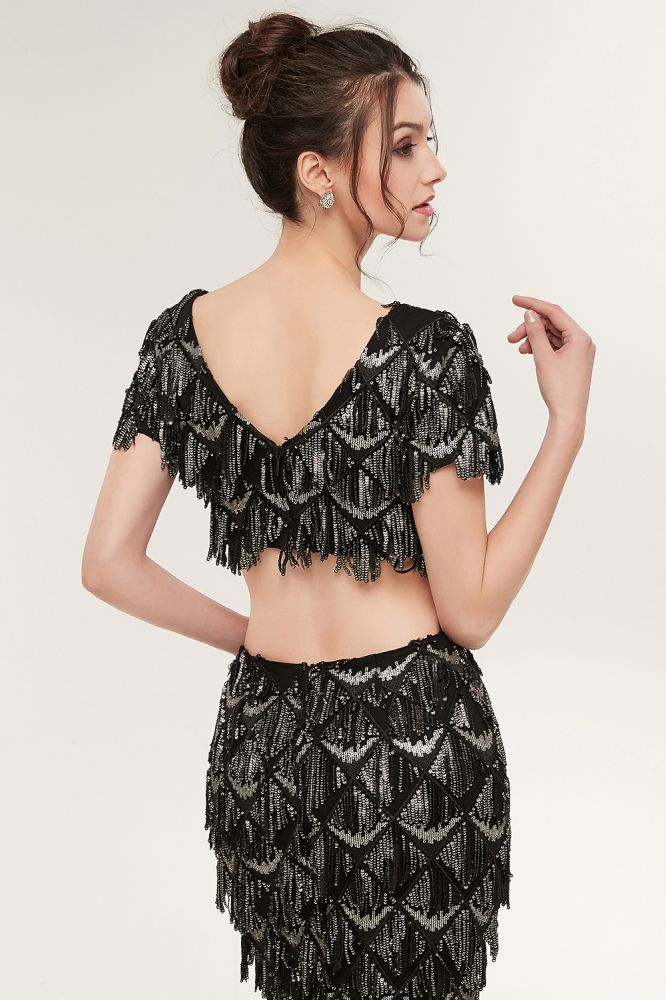 Two-piece Mermaid V-neck Short Sleeves Long Sequined Black Prom Dresses - View 7 | VelvetHem