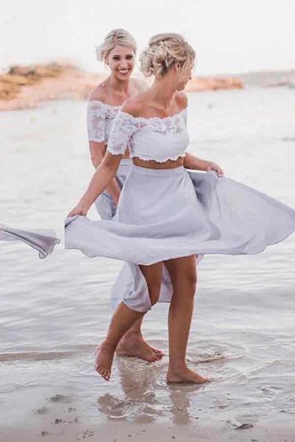 Two Piece Off-the-Shoulder Grey Chiffon Bridesmaid Dress with Lace BD051 by pgmdress