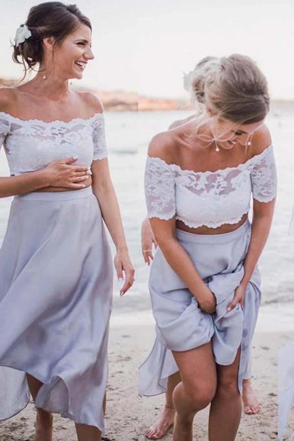 Two Piece Off-the-Shoulder Grey Chiffon Bridesmaid Dress with Lace (ZD13227)