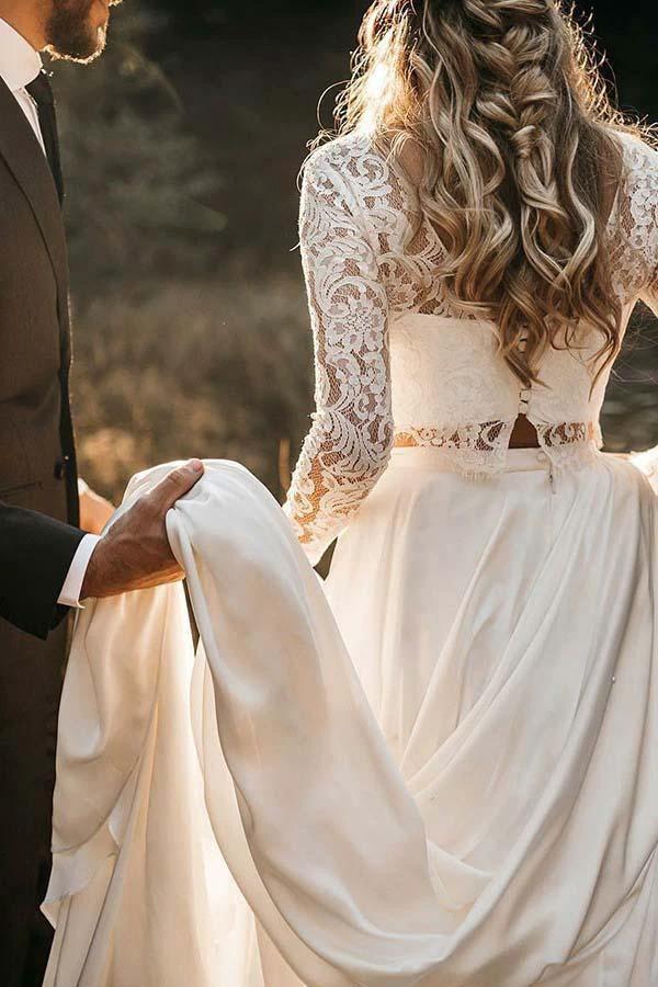 Two Piece Round Neck Lace Top Iovry Chiffon Dress with Long Sleeves (ZD16364)