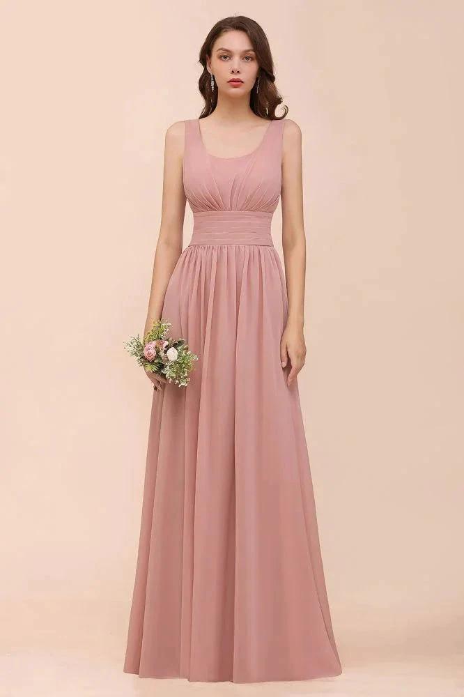 U-Neck High Waist Bridesmaid Dress Long Chiffon Formal Party Dress by misshow.com