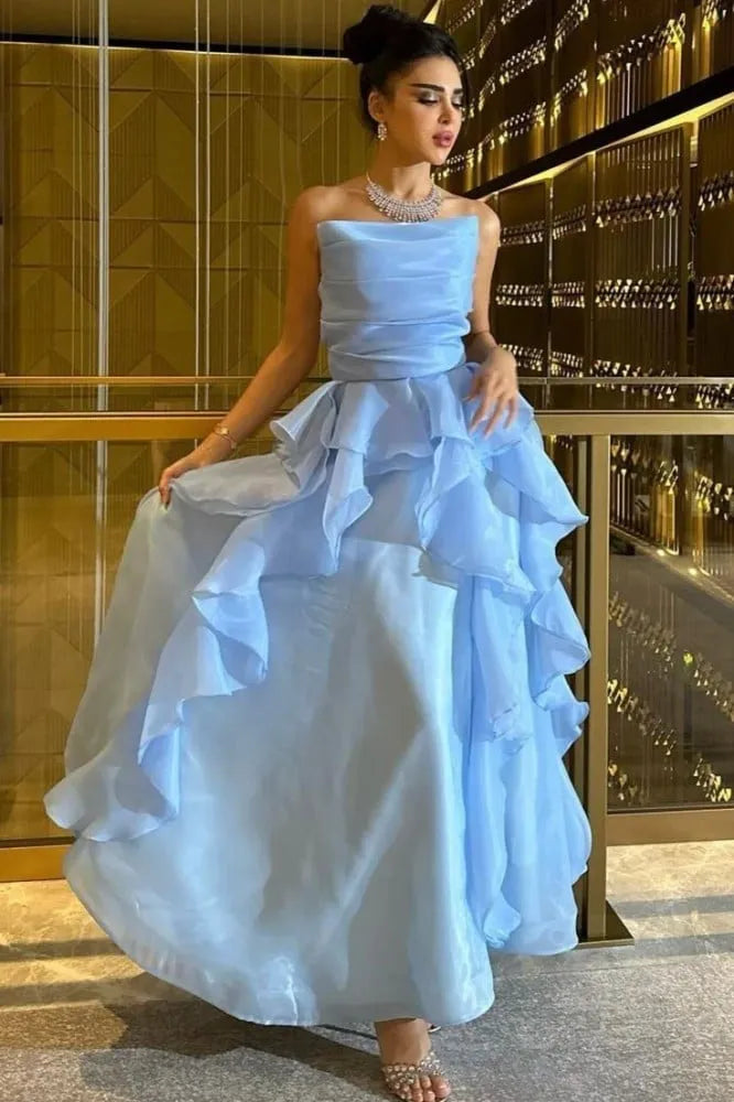 Elegant Sky Blue Arabia Prom Dress A-Line Strapless Ruffles Ankle Length Evening Dress vestido para eventos especiale
