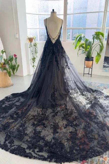 Unique black spaghetti straps sleeveless a-line lace sequined Wedding Dress (ZD14853)