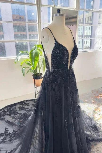 Unique black spaghetti straps sleeveless a-line lace sequined Wedding Dress (ZD14853)