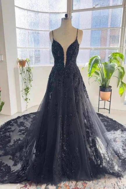Unique black spaghetti straps sleeveless a-line lace sequined Wedding Dress (ZD14853)