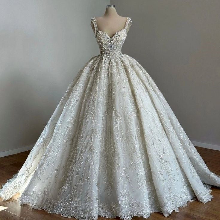 Unique Bridal Gowns Ball Gowns Straps Neck White Sequin Wedding Dresses Pretty Bridal Gown