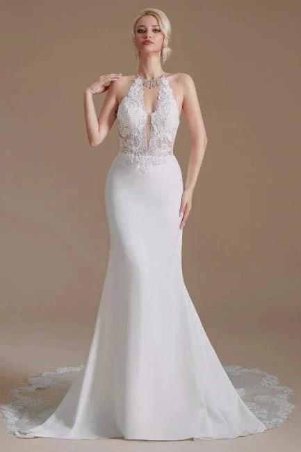 Unique Halter Sleeveless Mermaid Floor-Length Satin Wedding Dresses with Pattern (ZD14661)