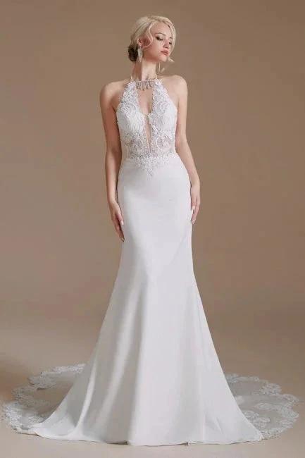 Unique Halter Sleeveless Mermaid Floor-Length Satin Wedding Dresses with Pattern (ZD14661)