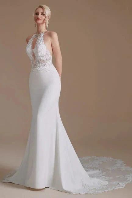 Unique Halter Sleeveless Mermaid Floor-Length Satin Wedding Dresses with Pattern (ZD14661)