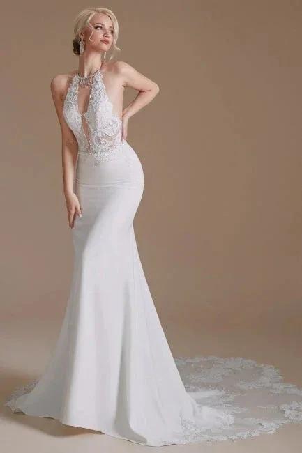 Unique Halter Sleeveless Mermaid Floor-Length Satin Wedding Dresses with Pattern (ZD14661)