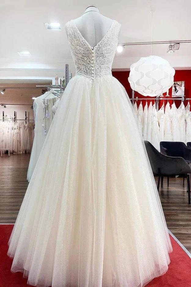 Unique Ivory Long Princess V-neck Tulle Lace Wedding Dress (ZD14274)