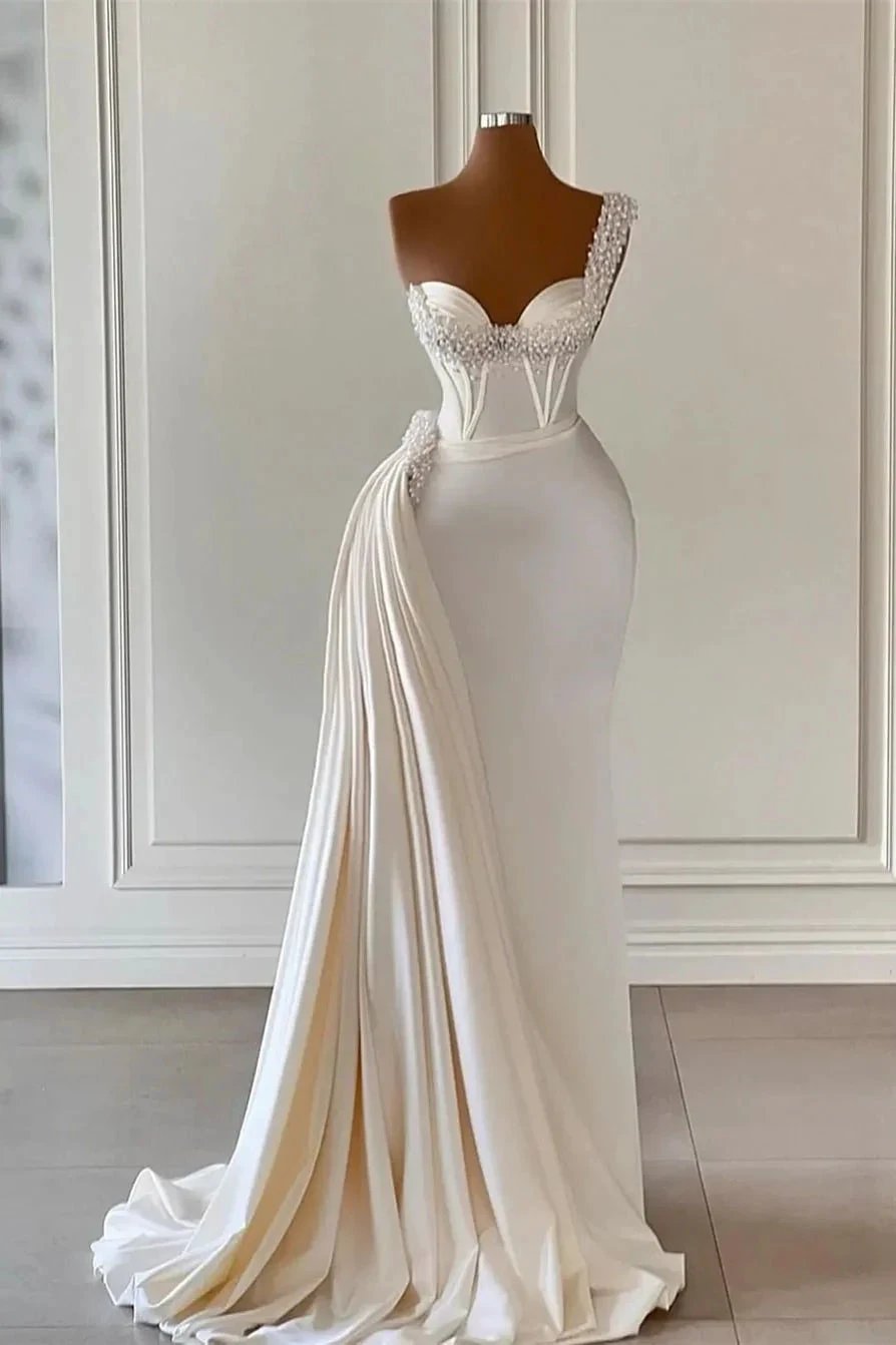 Unique Ivory One-Shoulder Sweetheart Sleeveless A-line Wedding Dresses With Beads (ZD16549)