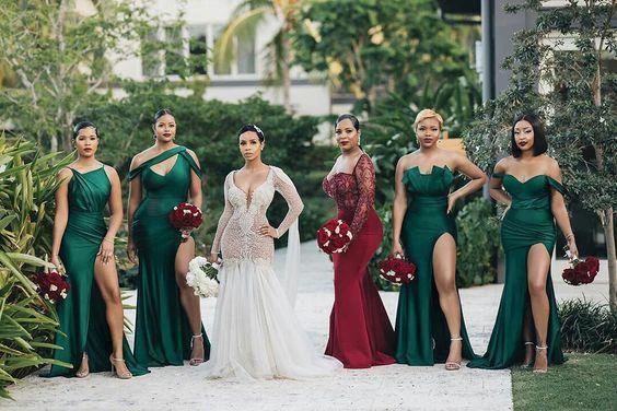 Unique Off-the-shoulder Strapless Emerald Green Elastic Satin Long Bridesmaid Dress (ZD13138)