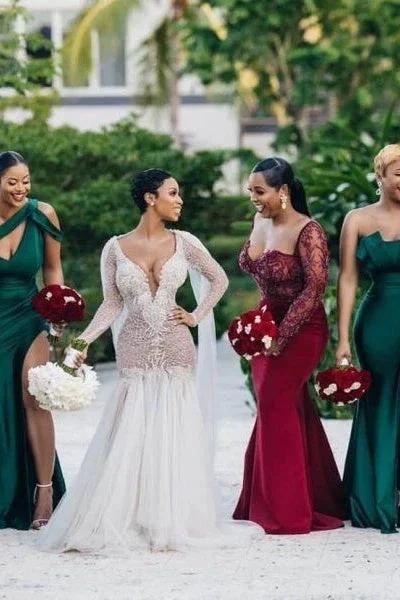 Unique Off-the-shoulder Strapless Emerald Green Elastic Satin Long Bridesmaid Dress (ZD13138)