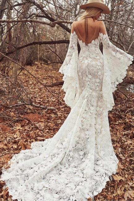 Unique Sweetheart Long-Sleeve Mermaid Floor-Length Lace Wedding Dresses with Chapel Train (ZD16562)