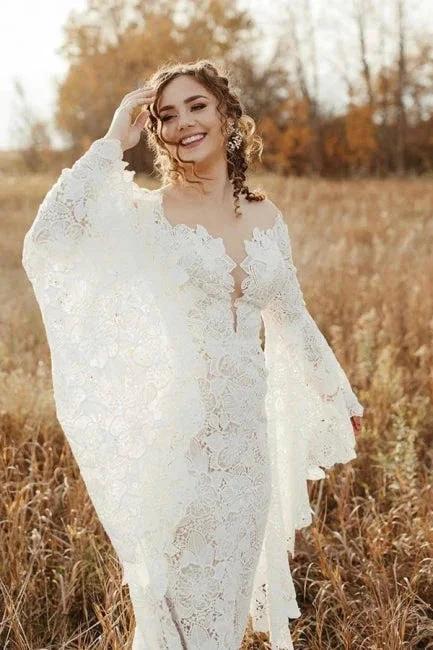 Unique Sweetheart Long-Sleeve Mermaid Floor-Length Lace Wedding Dresses with Chapel Train (ZD16562)
