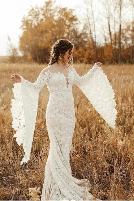 Unique Sweetheart Long-Sleeve Mermaid Floor-Length Lace Wedding Dresses with Chapel Train (ZD16562)