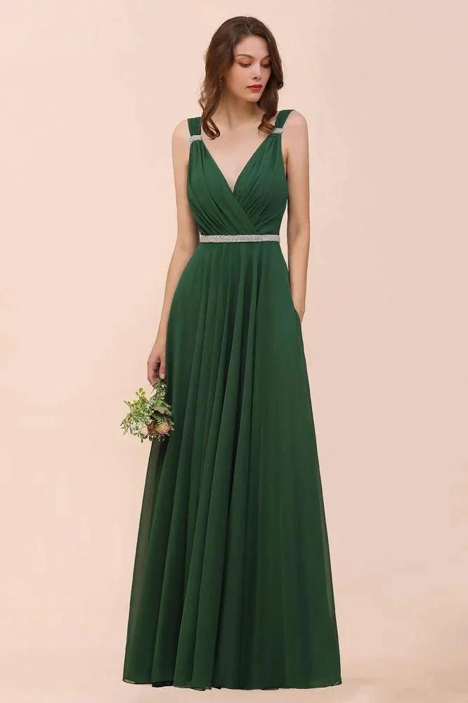 V-Neck A-line Dark Green Bridesmaid Dress Rhinestone Waist Belt (ZD13000)