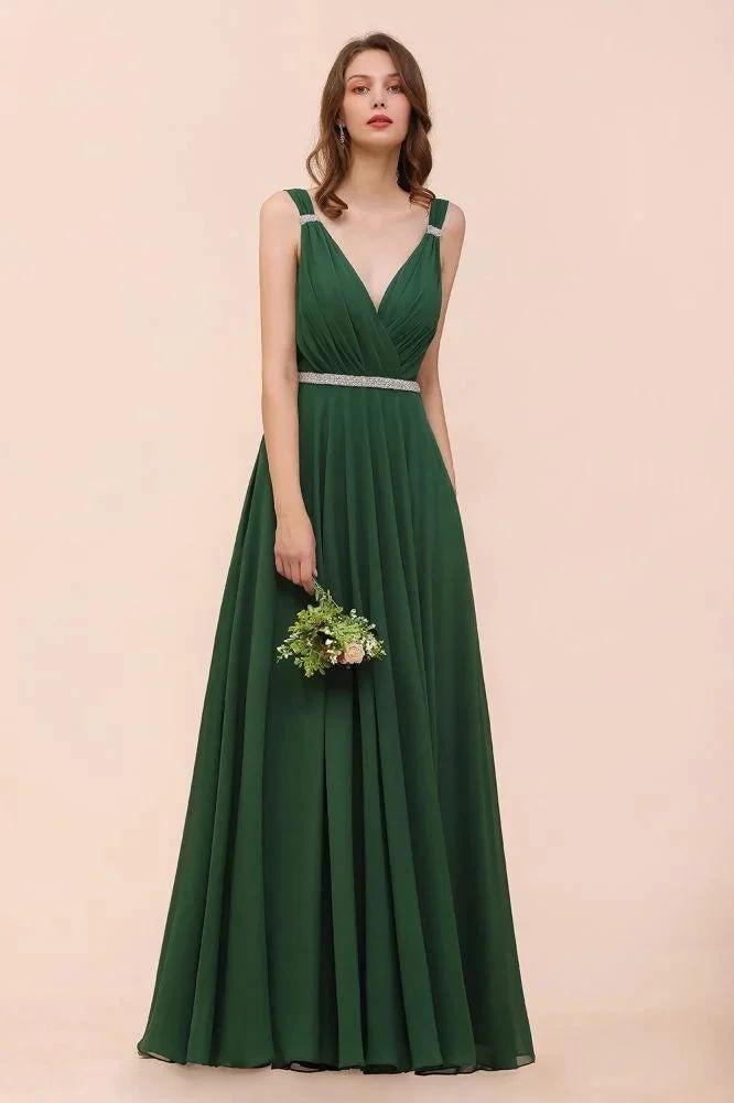 V-Neck A-line Dark Green Bridesmaid Dress Rhinestone Waist Belt (ZD13000)